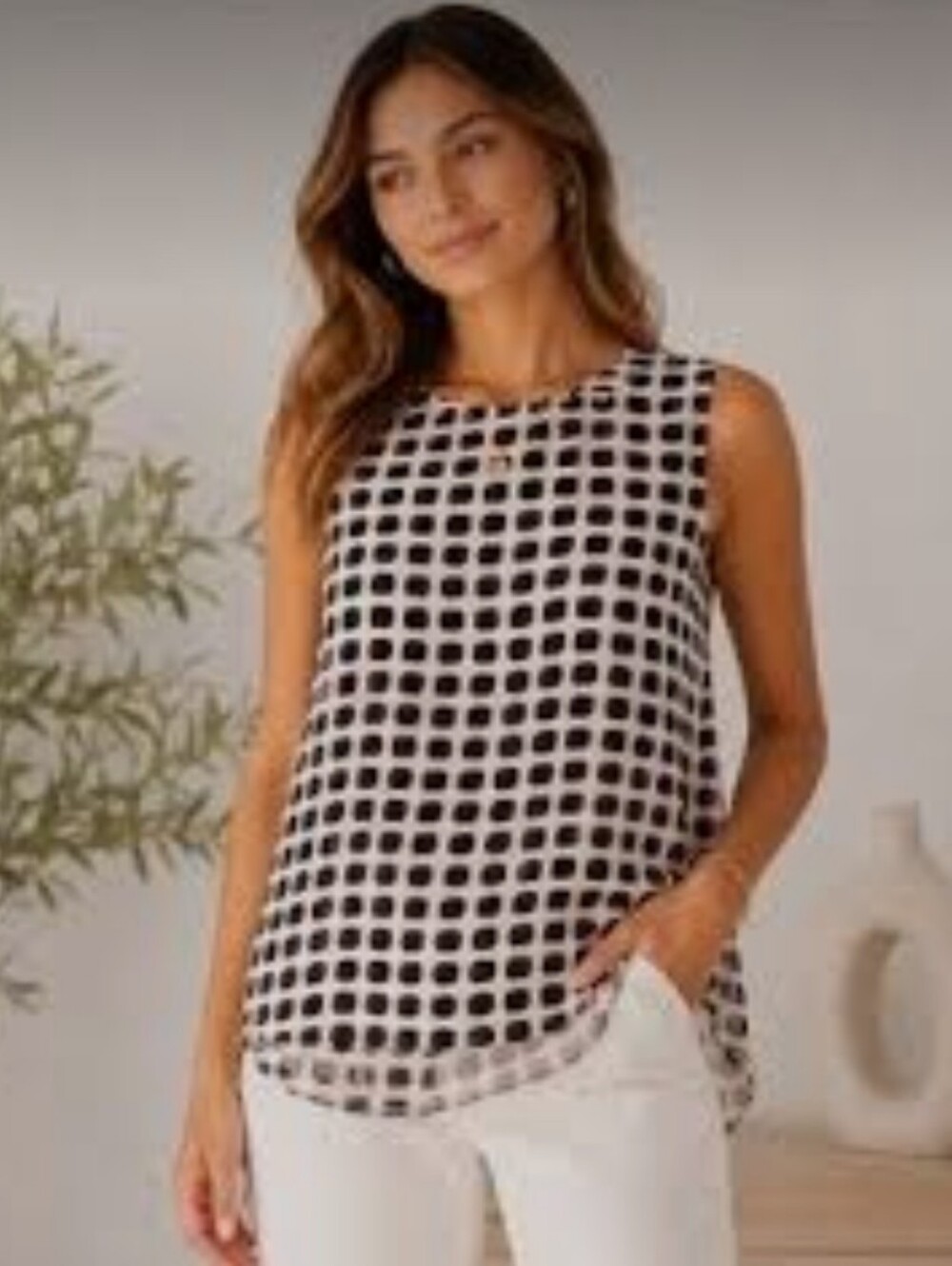 Kate Spade Island Stamp Double Layer Silk Trim Tank Medium